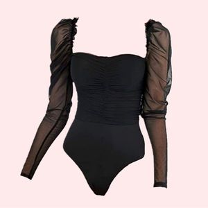 Black Square neck bodysuit puff mesh sleeves